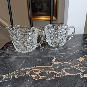 Vintage Diamond Cut Glass Creamer and Sugar Bowl Set